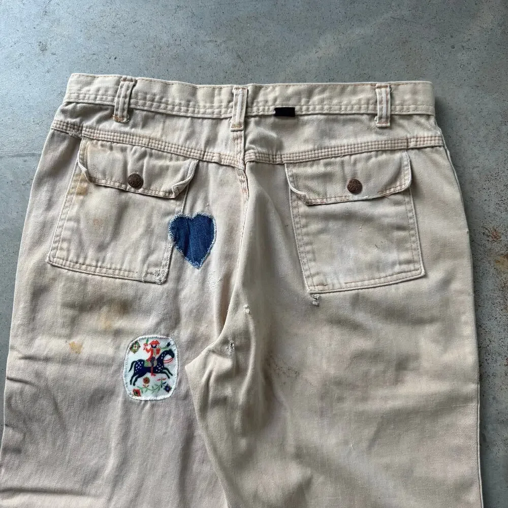 Vintage 70’s Red Snap Brush Cargo Flap Pocket Flared Repaired Jeans Size 33x29